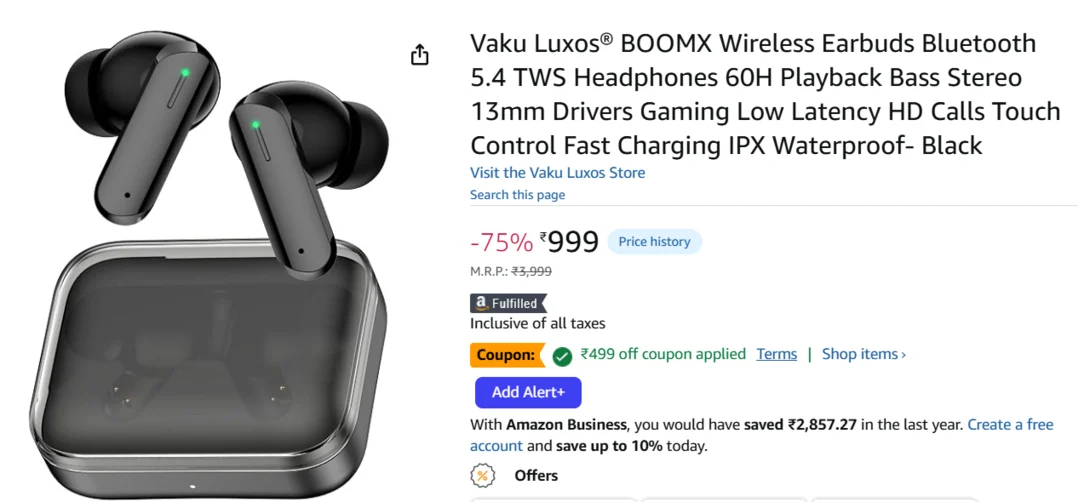 (50% Off Coupon) Vaku Luxos® BOOMX Wireless Earbuds Bluetooth 5.4 TWS Headphones 60H Playback Bass Stereo 13mm Drivers Gaming Low Latency HD Calls Touch Control Fast Charging IPX Waterproof- Black