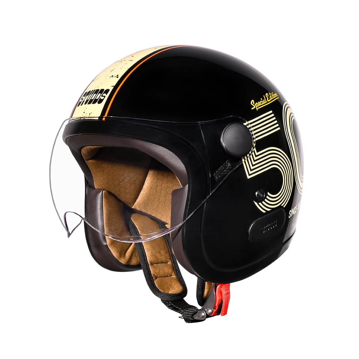 Studds Jet 50 Open Face ISI Certified Helmet | Lightweight with Chopper Visor & Stainless Steel Buckle Black - Yellow - L